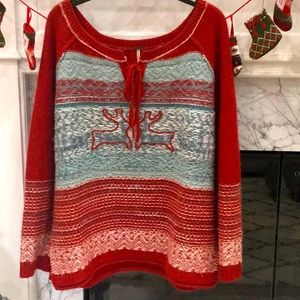 Free People Red and Blue Reindeer Sweater